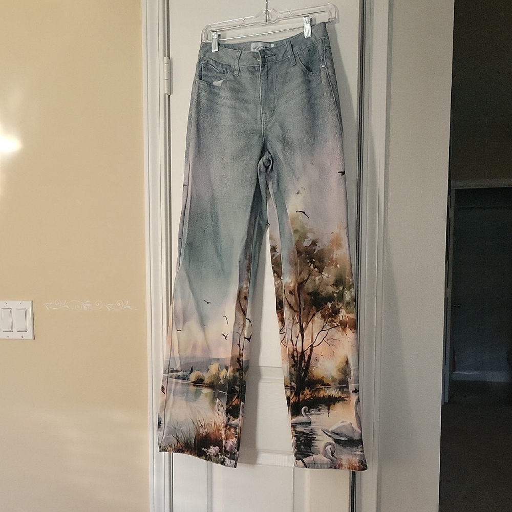 Fashion Nova Gray Nature Print Flare Jeans